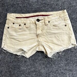 Refuge Shorts Womens Size 1R Tan Denim Distressed Raw Hem Low Rise Casual Cutoff